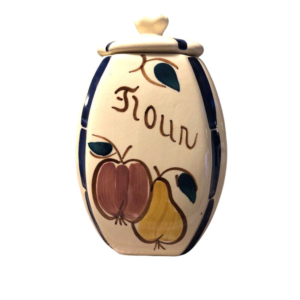 Vintage Purinton Slipware Pottery Painted Apple & Pear Canister Flour USA Blue